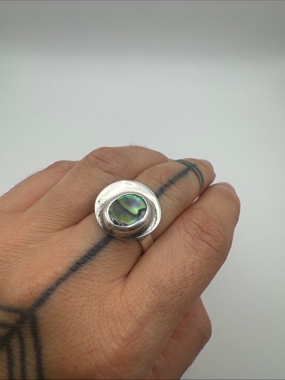 Sterling Silver Abalone Shell Statement Ring - Green Iridescent